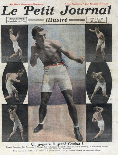 Portræt af den franske bokser Georges Carpentier, der skal kæmpe mod den amerikanske bokser Jack Dempsey om titlen som verdensmester. Illustration taget fra "" Le petit journal illustrious""" af 19/06/1921. Privat samling af Anonymous Anonymous