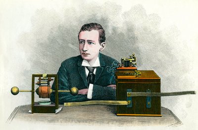 Portræt af Guglielmo Marconi (1874-1937), italiensk fysiker, opfinder af telegrafen. Gravering omkring 1900 Privat samling af Anonymous Anonymous