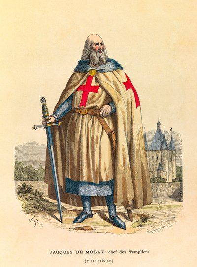 Portræt af Jacques de Molay (1244 - 1314), Tempelherrernes stormester i det 13. århundrede, gravering - privat samling af Anonymous Anonymous