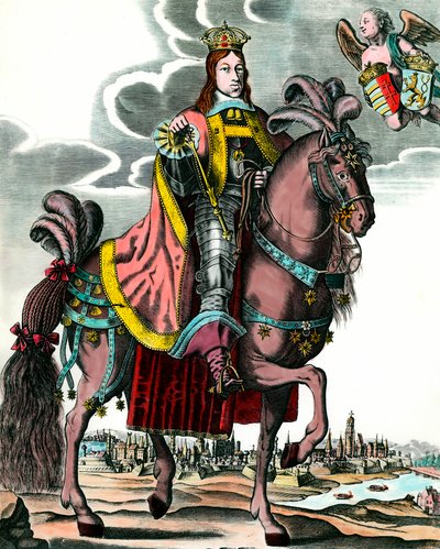 Portræt af Leopold I, Holy Roman Emperor - Ridestræt af Leopold I (1640 - 1705) King of Ungarn, Bohemia, Dalmatia, Kroatien og germansk kejser. Gravering af det 17. århundrede. Privat samling. af Anonymous Anonymous