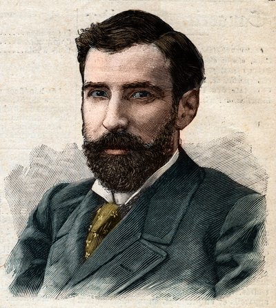 Portræt af Pietro Paolo Savorgnan di Brazza eller Pierre Paul Francois Camille Savorgnan de Brazza på fransk (1852-1905) Generalguvernør i Fransk Congo. Indgravering i "" Le Petro Parisien "" af Anonymous Anonymous