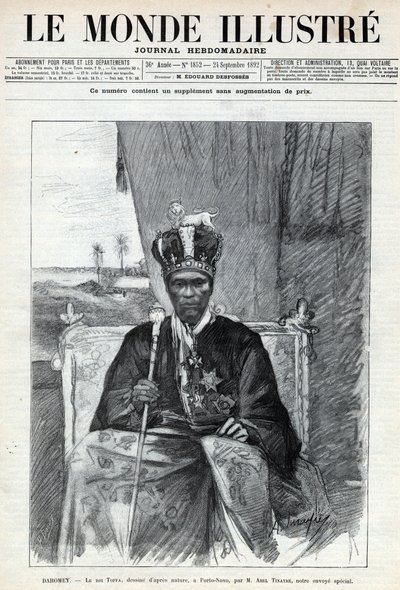 Portræt af Tofa I (Toffa) (ca. 1850-1908), konge af Dahomey (Benin) til Porto Novo (Porto-Novo). En avis. Stik i "Le monde illustree" "fra 1892. Privat samling. af Anonymous Anonymous