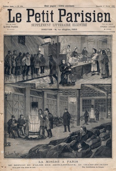 Fattigdom i Paris: tilflugtsstedet for Palais des arts-liberaux (liberal kunst) i feltet af marts - ved døren til et asyl - en uddeling af supper. Stik i "" Le petit Parisien"" fra 1891. Privat samling. af Anonymous Anonymous