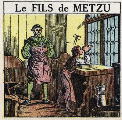 Prismer og linser: Metzus søn. Hollænderen Jacob Metzu (Jacques Metius) opdagede teleskopet ved et tilfælde i 1609, da han så sin søn lege med konkave og konvekse briller. Anonym illustration fra 1925. Privat samling. af Anonymous Anonymous