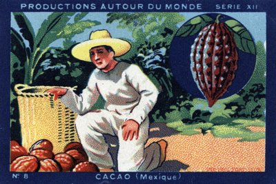 Produktioner over hele verden: Kakao i Mexico. Chromolithography fra 1933 i "" Joseph-Milliat Album"" af Anonymous Anonymous