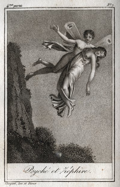 Psyche båret bort af Zephyr. Stik fra 1819 i "Lettres a Emilie sur la mythologie" af Charles Albert Demoustier (1760-1801). Privat samling. af Anonymous Anonymous