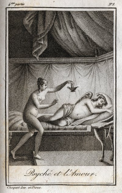Psyche and Amor-indgravering fra 1819 i "Letters to Emilie on Mythology" af Charles Albert Demoustier (1760-1801). Privat samling. af Anonymous Anonymous