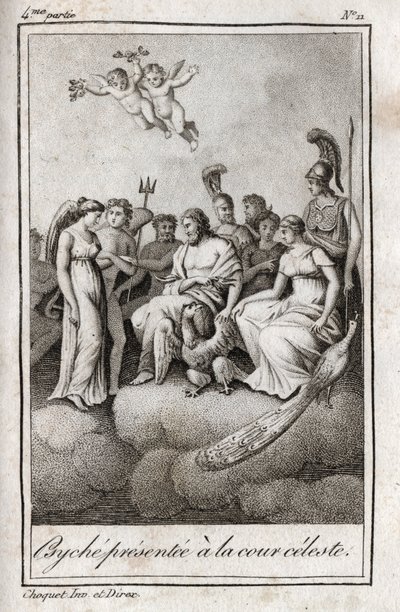 Psyche præsenteret for den himmelske domstol. Stik fra 1819 i "Lettres a Emilie sur la mythologie" af Charles Albert Demoustier (1760-1801). Privat samling. af Anonymous Anonymous