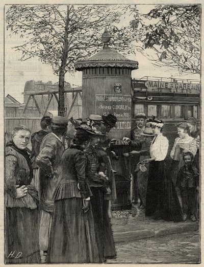 Offentlig hygiejne: indbyggere i Paris bruger en af filtreevandfontænerne installeret i det 15. arrondissement. Disse springvand har et Chamberland Pasteur-systemfilter. Stik i “Le monde illustree”” fra 1892. Privat samling. af Anonymous Anonymous