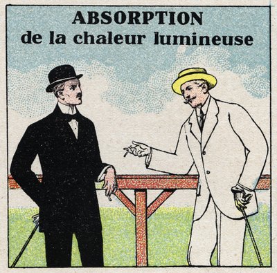 Stråling og ledningsevne: forskellig lysvarmeabsorption afhængig af tøjets farve. Anonym illustration fra 1925. Privat samling. af Anonymous Anonymous