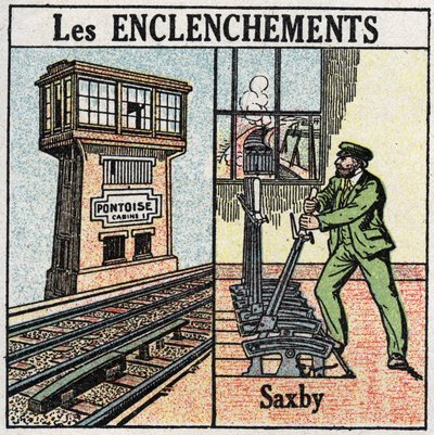 Jernbaner: sammenlåsende. En jernbane ved hjælp af en Saxby-station med individuelle løftestænger. Anonym illustration fra 1925. Privat samling. af Anonymous Anonymous