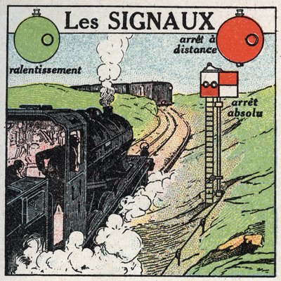 Jernbaner: signaler, der bruges til at sikre trafiksikkerheden. Anonym illustration fra 1925. Privat samling. af Anonymous Anonymous