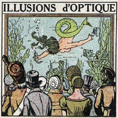 Refleksion af lys: optisk illusion. Brug af en is til at give en illusion af en kvinde fisk. Anonym illustration fra 1925. Privat samling. af Anonymous Anonymous