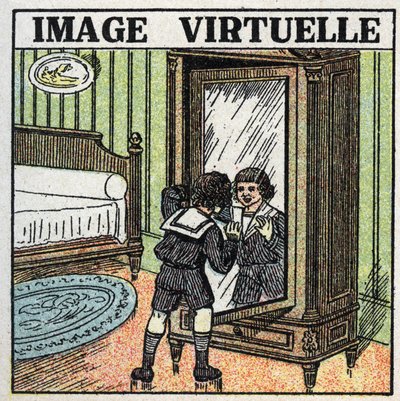 Refleksion af lys: virtuelt billede. Et barn, der overvejer sin refleksion i et spejl. Anonym illustration fra 1925. Privat samling. af Anonymous Anonymous