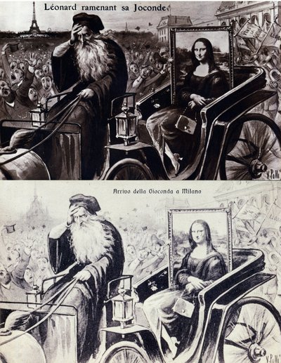 Repræsentation af Leonard de Vinci (Leonardo da Vinci) (1452-1519), der bringer hans værk "" The Mona Lisa"" (Mona Lisa, Monna Lisa) tilbage efter tyveriet af værket af Vincenzo Peruggia (1881-1925), som fandt sted den 21/08/1911. Komedie postkort af Anonymous Anonymous