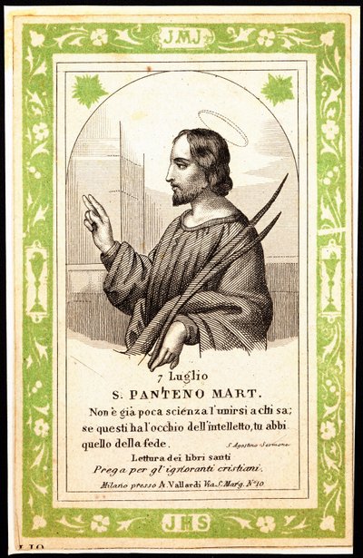 Repræsentation af Saint Panthene af Alexandria from billede. Postkort. Begyndelsen af det 20. århundrede. Privat samling af Anonymous Anonymous