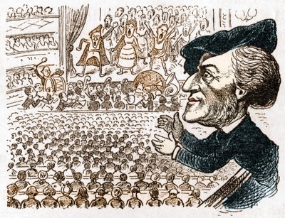 Richard Wagner beskæftiger hundredvis af sangere, musikere, millioner af mennesker lejer sæder, og han er den eneste, der klapper. Tegnefilm om den tyske komponist Richard Wagner (1813 - 1883) fra Les moreurs et la caricature en allemand af J. Grand-Carter af Anonymous Anonymous