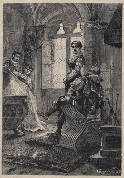 Rodrigo Borgia (Borja) omgivet af sine børn ((John eller Juan eller Cesar, Lucrece) i huset Vannozza Cattanei - Rodrigo Borgia omgiver med sine børn på Vannozza Cattanei (1442-1518) en elskerinde - gravering fra 