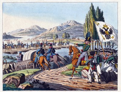 Russisk hær krydser Pruth-floden ind i Moldavien i maj 1828 - Anonym - 1829 - Radering, akvarel - 37,9x24,4 - Privat samling af Anonymous Anonymous