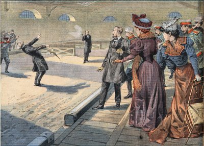 Russiske generaler Smyrnoff og Fock kæmper i en duel. Indgravering fra avisen "" Le Petite Parisien"", 5/04/1908. Privat samling. af Anonymous Anonymous