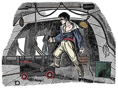 Sabotage: En sømand, der kaster vand på krudt Gravering fra Charles Ellms "The Pirates Own Book" af Anonymous Anonymous