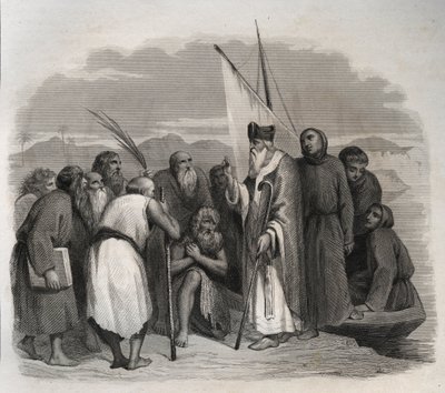 Sankt Athanasius af Alexandria (Athanasius den Store) (295-373) på besøg i Egyptens solitærer. Indgravering fra 1846 i ""De helliges liv"". Privat samling. af Anonymous Anonymous