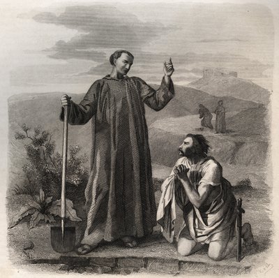 Sankt Benedikt af Nursia byder velkommen til Totila (6. århundrede) østgoternes konge. Indgravering fra 1846 i ""De helliges liv"". Privat samling. af Anonymous Anonymous