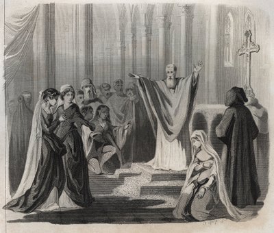 Saint Dunstan (ca. 909-988), eveque af Canterbury, benediktiner og reformator af klosterlivet i England, meddeler sin forestående død til folket. Indgravering fra 1846 i ""De helliges liv"". Privat samling. af Anonymous Anonymous