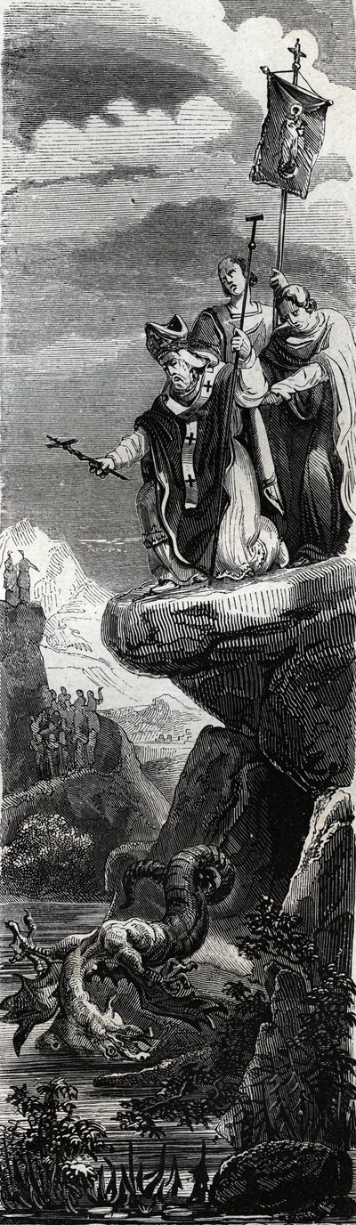 Saint Front (første evangelist af Perigord) (3. århundrede) udfælder dragen i Dordogne - Indgravering af 1846 i "" Helgenernes liv""". Privat samling. af Anonymous Anonymous