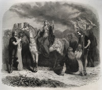 Saint Radegonde (Radegonde de Poitiers, 519-587) brændte et Paian-tempel og konverterede gallerne til den kristne religion. Indgravering fra 1846 i ""De helliges liv"". Privat samling. af Anonymous Anonymous