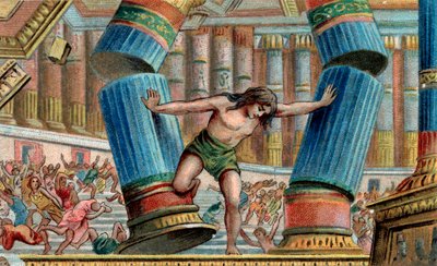 Samson bringer Dagons tempel ned - Kromolithografi - Privat samling af Anonymous Anonymous