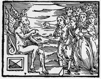 Satan kræver en pagt af de nye troldmænd - "Compendium Maleficarum", omhandler hekse, deres ondskab og deres sortileges af Francesco Maria Guazzo eller Guaccio eller Guaccius (15?? -16??) 1608 Private Collection af Anonymous Anonymous