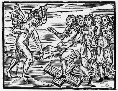 Satan tvinger sine fremtidige disciple til at gå på korset - "Compendium Maleficarum", omhandler heksene, deres ondskab og deres sortileges af Francesco Maria Guazzo eller Guaccio eller Guaccius (15?? -16??) 1608 Private Collection af Anonymous Anonymous