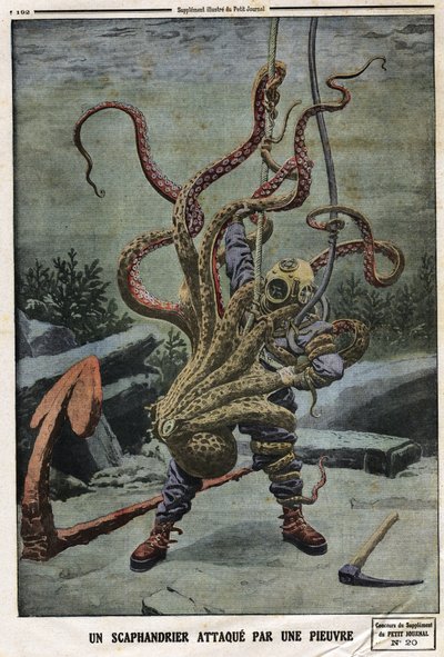 Scaphandler angrebet af en blæksprutte. Indgravering i "" Le petit Journal"", den 16/06/1912. Privat samling. af Anonymous Anonymous
