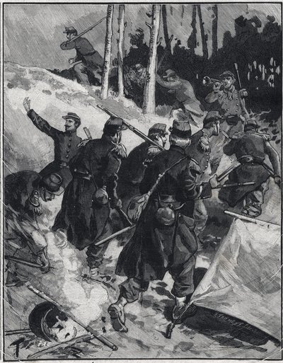 Scene i romanen af Emile Zola (1840-1902) "The Debacle"". Indgravering i "" Le petit parisien"" den 28/02/1892. Privat samling af Anonymous Anonymous