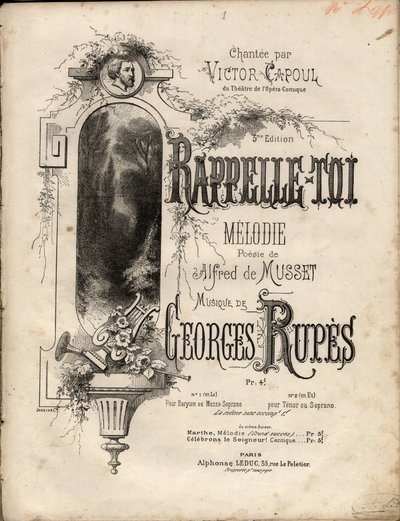 Partitur af "" husk-se"" melodi af Georges Rupes efter en poesi af Aldre de Musset. Privat samling. af Anonymous Anonymous