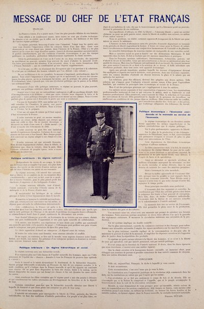 Anden Verdenskrig og Vichy-regimet: besked fra det franske statsoverhoved Philippe Petain offentliggjort efter våbenhvilen underskrevet af Frankrig i juni 1940 og præsenterer programmet for den nationale revolution, efteråret 1940. Privat samling af Anonymous Anonymous