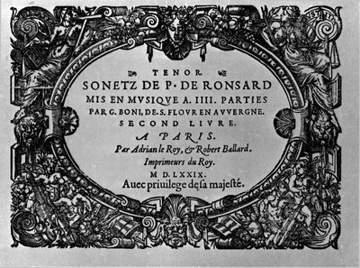 Andet bind af den franske digter Pierre de Ronsards sonetter (1524-1585) sat i musik af Guillaume Boni. Paris 1579 af Anonymous Anonymous