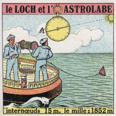 Skibe og skibe: log og astrolabium, navigationsinstrumenter. Anonym illustration fra 1925. Privat samling. af Anonymous Anonymous