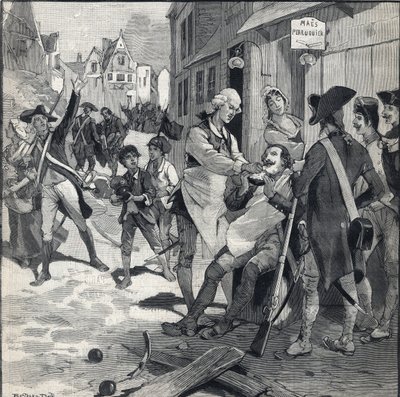 Belejring af Lille i 1792: Maes paryk bruger en bombesprængning som skægfad til at barbere en klient. Indgravering i "" Le petit parisien"" den 16/10/1892. Privat samling af Anonymous Anonymous