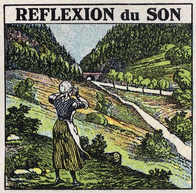 Lydenergi: refleksion af lyd ved ekkofænomen. Anonym illustration fra 1925. Privat samling. af Anonymous Anonymous