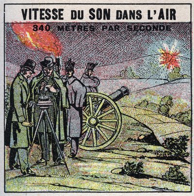 Lydenergi: lydens hastighed i luften. Erfaring fra 1822 af Louis-Joseph Gay-Lussac (Louis Joseph Gay Lussac) (1778-1850) og Francois Arago (1786-1853), der affyrede en række kanonskud mellem Montlhery og Villejuif. Anonym illustration fra 1925 af Anonymous Anonymous