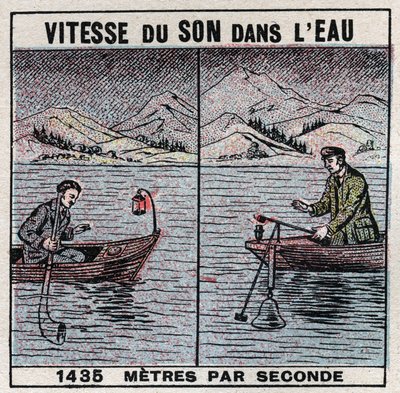 Lydenergi: lydens hastighed i vand. Erfaring fra 1826-1827 af Jean Daniel (Jean-Daniel) Colladon (1802-1893) og Charles Francois Sturm (1803-1855) ved Genevesøen (Leman-søen). To både fortøjet 14 km fra hinanden, en af bådene understøttede en klokke, en ha af Anonymous Anonymous