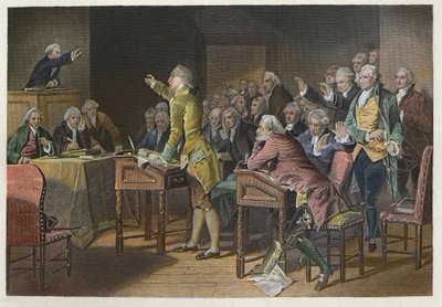 Stamp Act (Duties in American Colonies Act) - Den amerikanske revolutionsleder Patrick Henry (1736-1799) taler imod Stamp Act i Virginia House of Burgesses i 1765 - Tale af Patrick Henry mod Stamp Act i 1765 for House of af Anonymous Anonymous