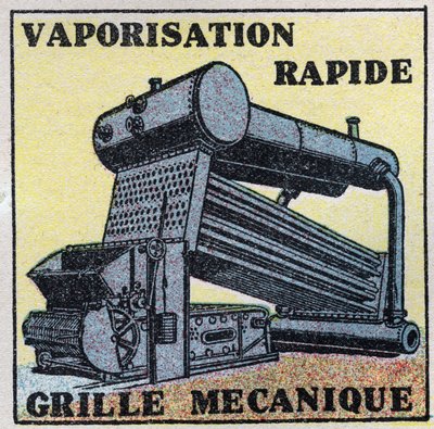 Dampgeneratorer: mekanisk gitter, der tillader automatisk påfyldning af en kedel. Anonym illustration fra 1925. Privat samling. af Anonymous Anonymous