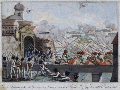 Stormning af byen Leipzig af de allierede tropper - bataille de Leipzig ou bataille des nations (16-19 sctobre 1813) - Anonym - 1813 - Radering, akvarel - 33,3x27 - Privat samling af Anonymous Anonymous