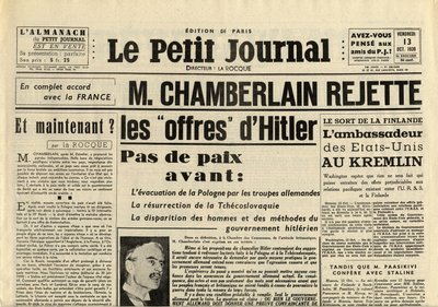 THE SMITTLE JOURNAL FREDAG DEN 13. OKTOBER 1939 Neville CHAMBERLAIN (1869-1940) AFVIS Adolf Hitlers tilbud af Anonymous Anonymous