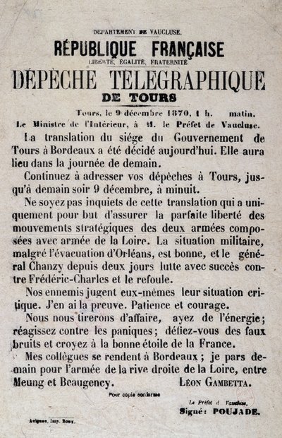 Telegrafiske nyheder om Tours af 9/12/1870 af Léon Gambetta. af Anonymous Anonymous