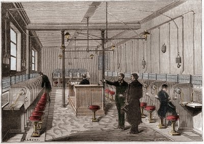 Telefoncentral bygget i henhold til Edison Gower-Bell-systemet for telekommunikation - første centraltelefon i Paris i 1879 - system af amerikaneren Frederick Gower - indgravering i "" La nature"" fra 1880 af Anonymous Anonymous