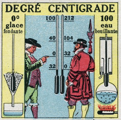Temperatur og ekspansion: Grad Celsius. Sammenligning mellem grader Fahrenheit og grader Celsius. Anonym illustration fra 1925. Privat samling. af Anonymous Anonymous